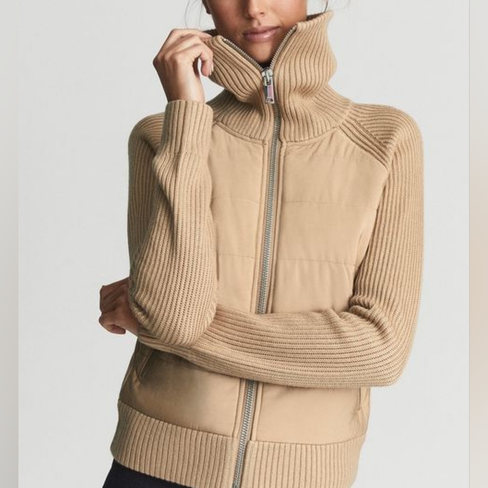 Reiss Beige Knit & Suede Zip-Up Funnel Neck Jacket